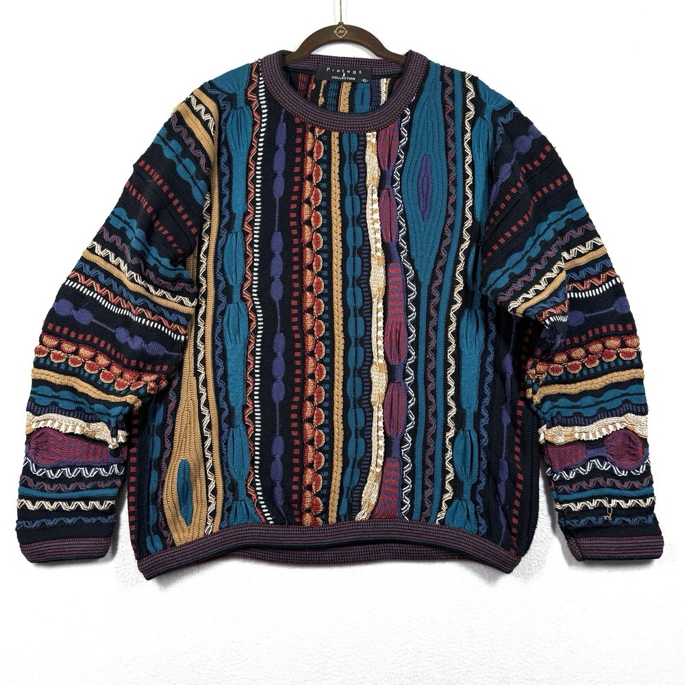 Vintage 90s 3D Knit Protege Sweater XL Coogi Style Chunky Colorful Biggie USA